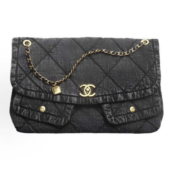 CHANEL Maxi 25K Double C Logo diamond-patterned leather chain-through denim material, gold hardware lid bag, single shoulder bag, women\'s style, black