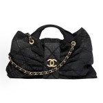 CHANEL 25K bow design with golden logo washed denim single-shoulder handbag, black for women