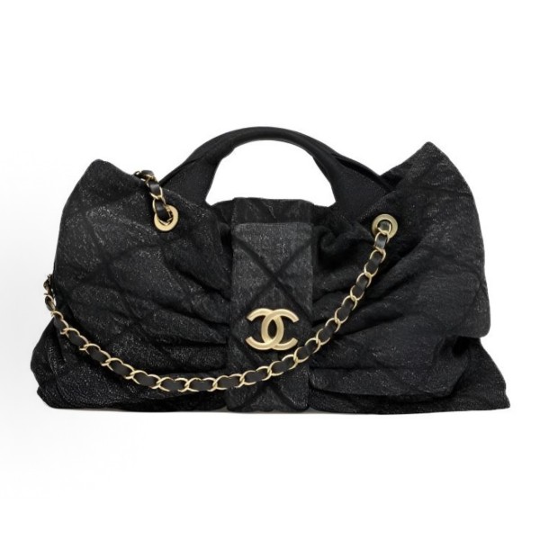 CHANEL 25K bow design with golden logo washed denim single-shoulder handbag, black for women