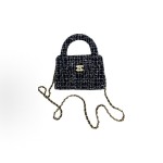 CHANEL 24P Spring/Summer Kelly Gold label chain with handle, leather chain, tweed woven woolen, single-shoulder crossbody handbag, mini women\'s black and white