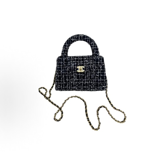 CHANEL 24P Spring/Summer Kelly Gold label chain with handle, leather chain, tweed woven woolen, single-shoulder crossbody handbag, mini women\'s black and white