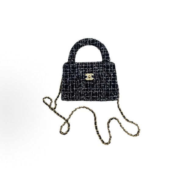 CHANEL 24P Spring/Summer Kelly Gold label chain with handle, leather chain, tweed woven woolen, single-shoulder crossbody handbag, mini women\'s black and white