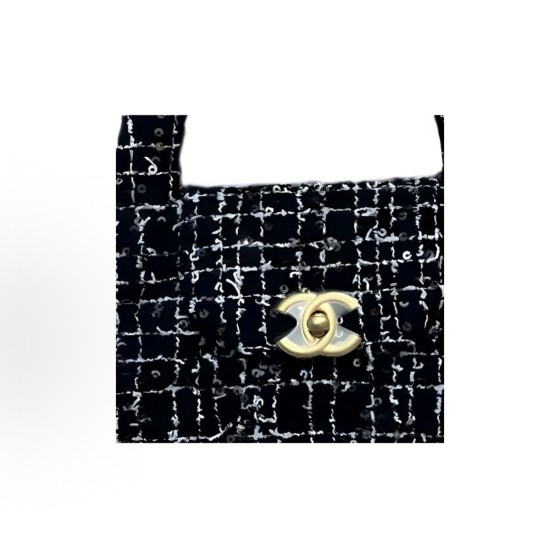 CHANEL 24P Spring/Summer Kelly Gold label chain with handle, leather chain, tweed woven woolen, single-shoulder crossbody handbag, mini women\'s black and white