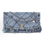 CHANEL Double C Logo diamond-patterned leather chain-linked denim single-shoulder bag for women, light blue