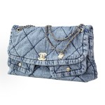CHANEL Double C Logo diamond-patterned leather chain-linked denim single-shoulder bag for women, light blue