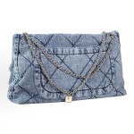 CHANEL Double C Logo diamond-patterned leather chain-linked denim single-shoulder bag for women, light blue