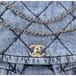 CHANEL Double C Logo diamond-patterned leather chain-linked denim single-shoulder bag for women, light blue