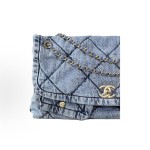CHANEL Double C Logo diamond-patterned leather chain-linked denim single-shoulder bag for women, light blue