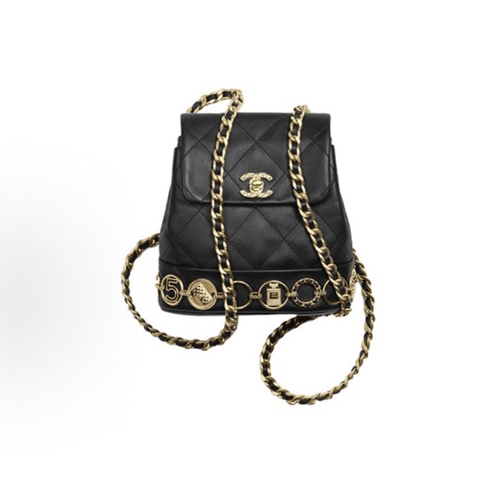 CHANEL 23B gold buckle diamond pattern leather chain, cowhide material, gold metal backpack, black for women
