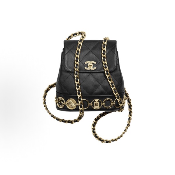 CHANEL 23B gold buckle diamond pattern leather chain, cowhide material, gold metal backpack, black for women