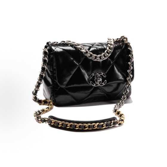 CHANEL 22K Autumn/Winter 19Bag, brand logo chain leather interlocking diamond-patterned calfskin handbag, single-shoulder crossbody bag, medium size for women, black