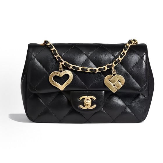 CHANEL Classic Flap CF 22B Heart-shaped pendant chain shoulder strap flap Open Leather Chain diamond-shaped sheepskin crossbody bag mini for women, black
