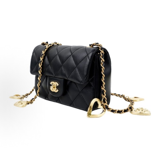 CHANEL Classic Flap CF 22B Heart-shaped pendant chain shoulder strap flap Open Leather Chain diamond-shaped sheepskin crossbody bag mini for women, black