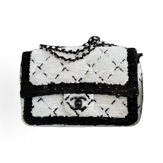 CHANEL 24P Spring/Summer CF chainwear, leather chainwear, single-shoulder crossbody woven tweed handbag, small size for women, black and white