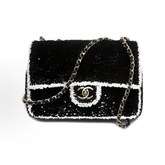 CHANEL 25K Double C logo flap bag with sequins and metal crossbody single-shoulder bag for women, black and white