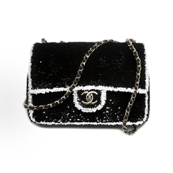 CHANEL 25K Double C logo flap bag with sequins and metal crossbody single-shoulder bag for women, black and white