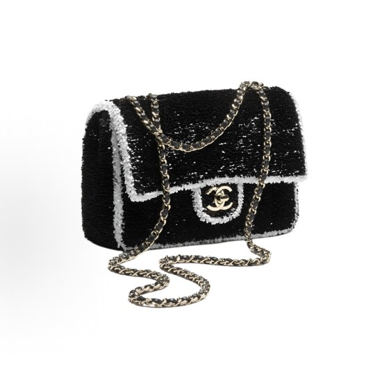 CHANEL 25K Double C logo flap bag with sequins and metal crossbody single-shoulder bag for women, black and white