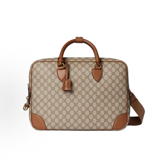 GUCCI GG Emblem brand logo zipper opening, single-shoulder crossbody briefcase, medium size for men, beige and dark brown