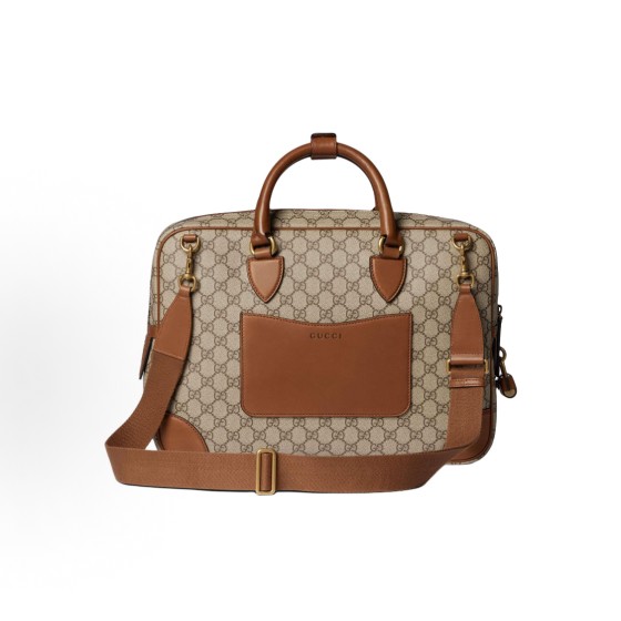 GUCCI GG Emblem brand logo zipper opening, single-shoulder crossbody briefcase, medium size for men, beige and dark brown