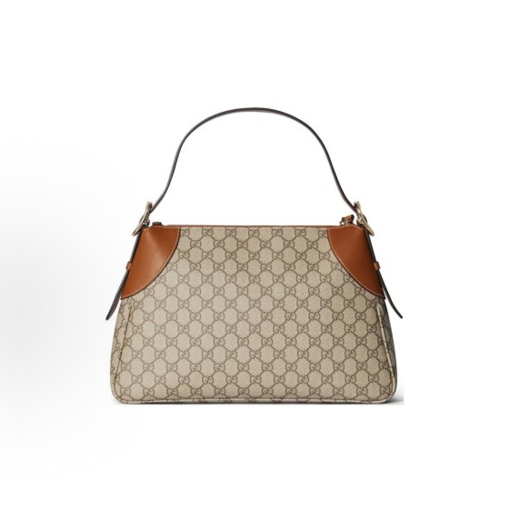 GUCCI Emblem adjustable shoulder strap with letter-patterned hand-held shoulder bag, medium size for women in beige and dark brown