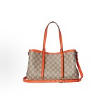 GUCCI GG Emblem orange trim, light gold hardware accessories, Tote bag, shopping bag, single-shoulder crossbody handbag, medium-sized women\'s style, beige and dark brown