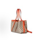 GUCCI GG Emblem orange trim, light gold hardware accessories, Tote bag, shopping bag, single-shoulder crossbody handbag, medium-sized women\'s style, beige and dark brown