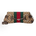 GUCCI Horsebit 1955 Monogram full-print buckled chain, double shoulder strap, underarm bag, single shoulder bag, clutch, medium size for women, beige and ebony color