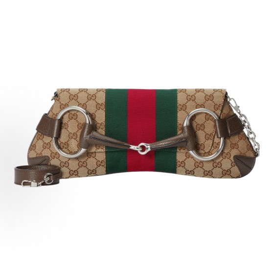 GUCCI Horsebit 1955 Monogram full-print buckled chain, double shoulder strap, underarm bag, single shoulder bag, clutch, medium size for women, beige and ebony color