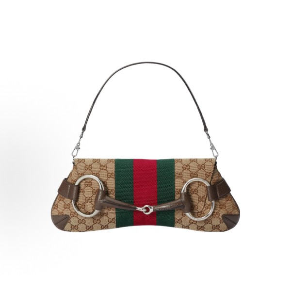 GUCCI Horsebit 1955 Monogram full-print buckled chain, double shoulder strap, underarm bag, single shoulder bag, clutch, medium size for women, beige and ebony color