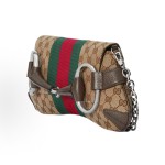 GUCCI Horsebit 1955 Monogram full-print buckled chain, double shoulder strap, underarm bag, single shoulder bag, clutch, medium size for women, beige and ebony color