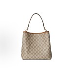 GUCCI GG Emblem brand logo print magnetic clasp open and close GG Monogram single-shoulder crossbody handbag, small size for women, beige and dark brown