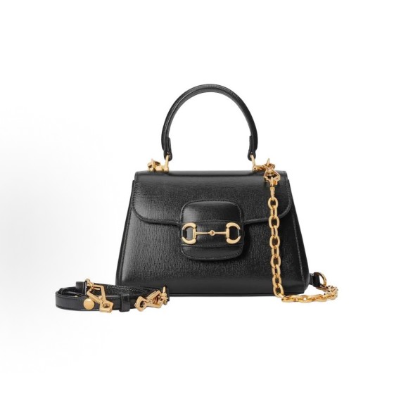 GUCCI Horsebit 1955 Gold combination piece horse bit buckle single-shoulder handbag, small size for women, black