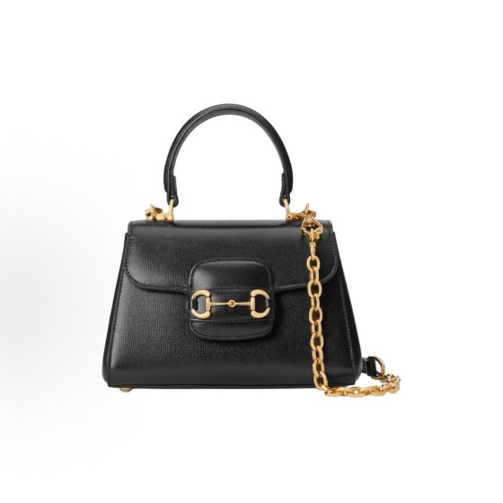 GUCCI Horsebit 1955 Gold combination piece horse bit buckle single-shoulder handbag, small size for women, black