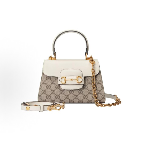 GUCCI Horsebit 1955 Shiny gold metal-decorated chain single-shoulder crossbody handbag mini Women\'s white with ebony color