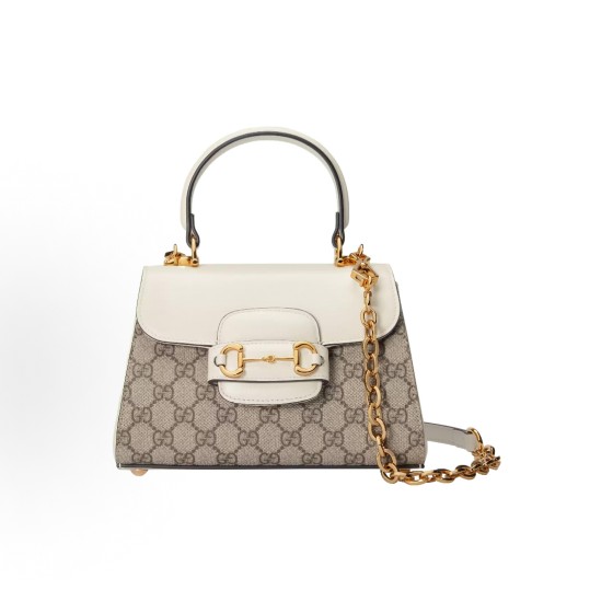 GUCCI Horsebit 1955 Shiny gold metal-decorated chain single-shoulder crossbody handbag mini Women\'s white with ebony color