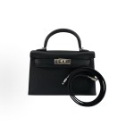 HERMES Mini Kelly II 19 Silver buckle Kelly Bag crossbody handbag 19 Women\'s Edition 89 Noir Black