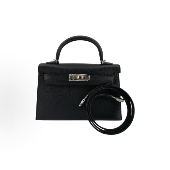 HERMES Mini Kelly II 19 Silver buckle Kelly Bag crossbody handbag 19 Women\'s Edition 89 Noir Black