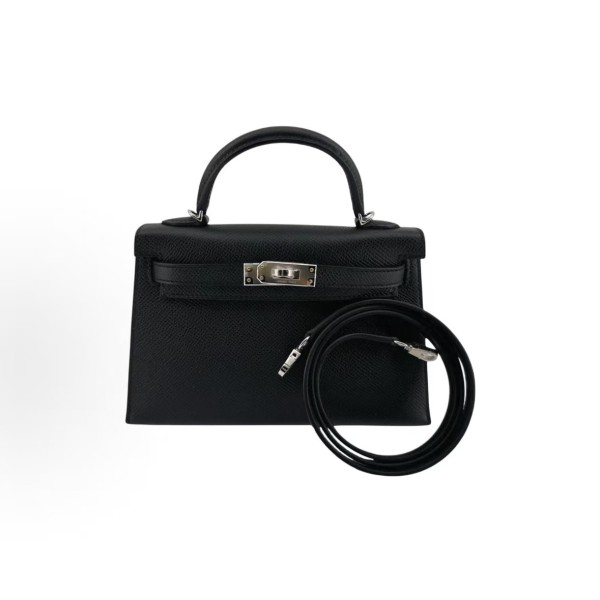 HERMES Mini Kelly II 19 Silver buckle Kelly Bag crossbody handbag 19 Women\'s Edition 89 Noir Black