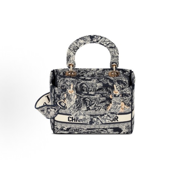 DIOR Lady D-Lite, a wide shoulder strap detachable Princess bag with a zoo tiger pattern, a medium-sized crossbody bag in blue