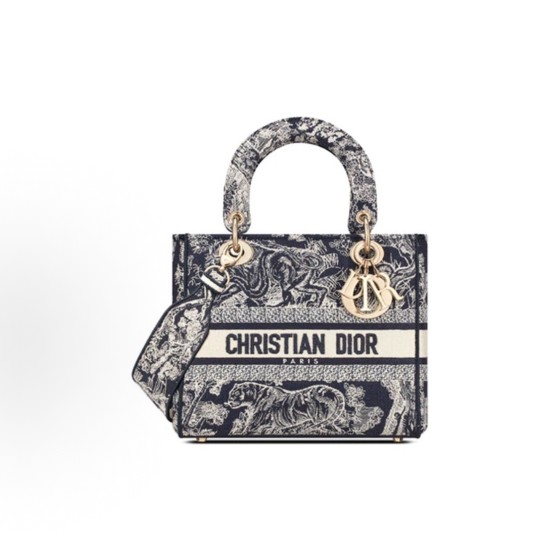 DIOR Lady D-Lite, a wide shoulder strap detachable Princess bag with a zoo tiger pattern, a medium-sized crossbody bag in blue