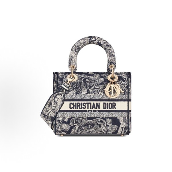DIOR Lady D-Lite, a wide shoulder strap detachable Princess bag with a zoo tiger pattern, a medium-sized crossbody bag in blue