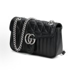 GUCCI Marmont vintage silver Logo chain vertical striped twill quilted single-shoulder crossbody bag, small size for women, black
