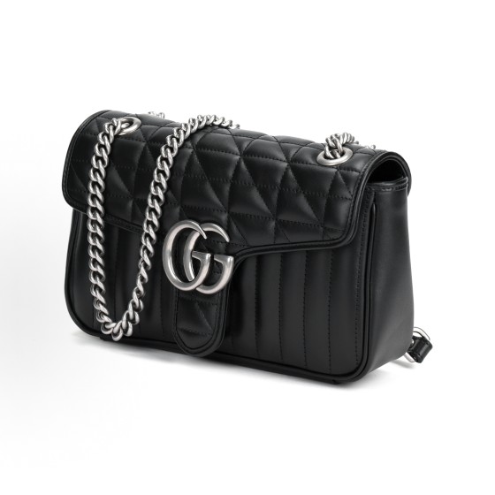 GUCCI Marmont vintage silver Logo chain vertical striped twill quilted single-shoulder crossbody bag, small size for women, black