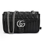 GUCCI Marmont vintage silver Logo chain vertical striped twill quilted single-shoulder crossbody bag, small size for women, black