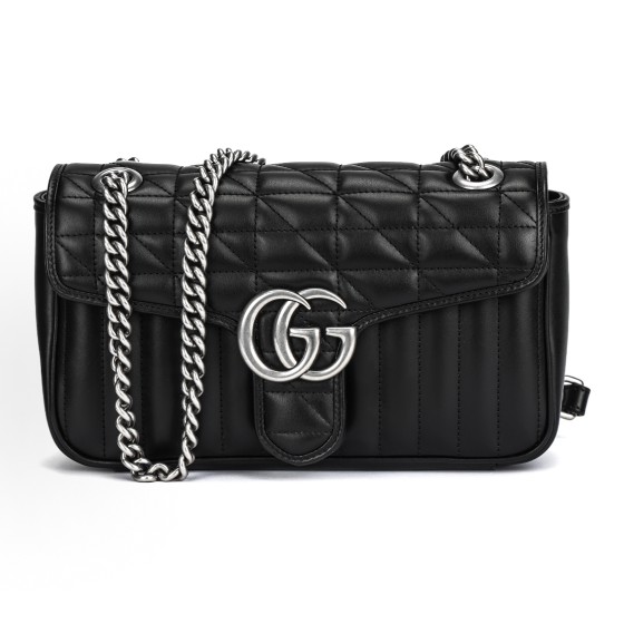 GUCCI Marmont vintage silver Logo chain vertical striped twill quilted single-shoulder crossbody bag, small size for women, black