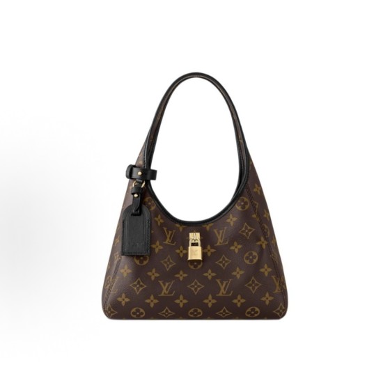 LOUIS VUITTON The Drop Gold finish signature padlock Monogram Hobo bag Shoulder handbag small brown