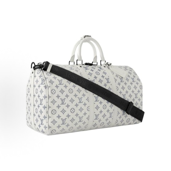 LOUIS VUITTON keepall 50 detachable and adjustable shoulder strap letter-printed single-shoulder crossbody hand-held travel bag in white with navy style