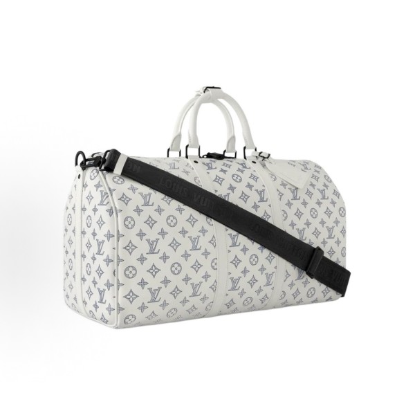 LOUIS VUITTON keepall 50 detachable and adjustable shoulder strap letter-printed single-shoulder crossbody hand-held travel bag in white with navy style