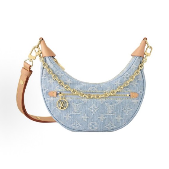 LOUIS VUITTON Loop Sky Denim series Denim monogram pea bag denim and leather moon-shaped hand and shoulder bag blue and brown