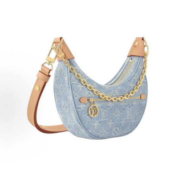 LOUIS VUITTON Loop Sky Denim series Denim monogram pea bag denim and leather moon-shaped hand and shoulder bag blue and brown